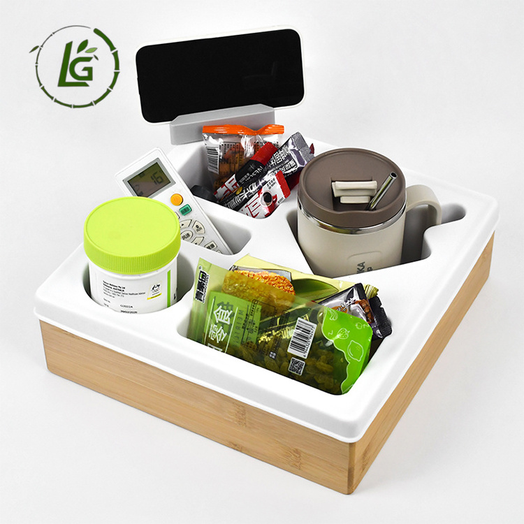 Legend New Arrival couch caddy snack holder console bamboo sofa arm tray bamboo couch cup holder tray for daily house use