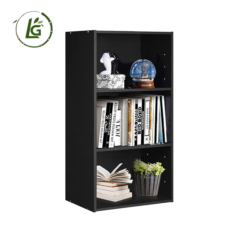 Legend Wholesale Three  Shelf Office Library Bookcase Wooden  Storage Display Rack Solid Wood Black Bookshelf for Bedroom