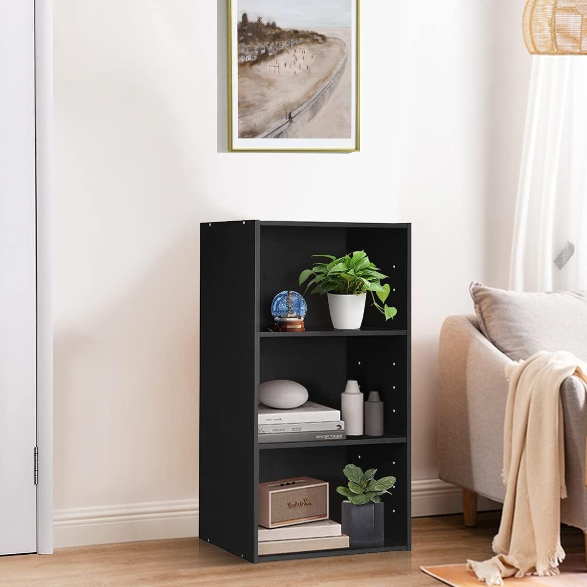 Legend Wholesale Three  Shelf Office Library Bookcase Wooden  Storage Display Rack Solid Wood Black Bookshelf for Bedroom