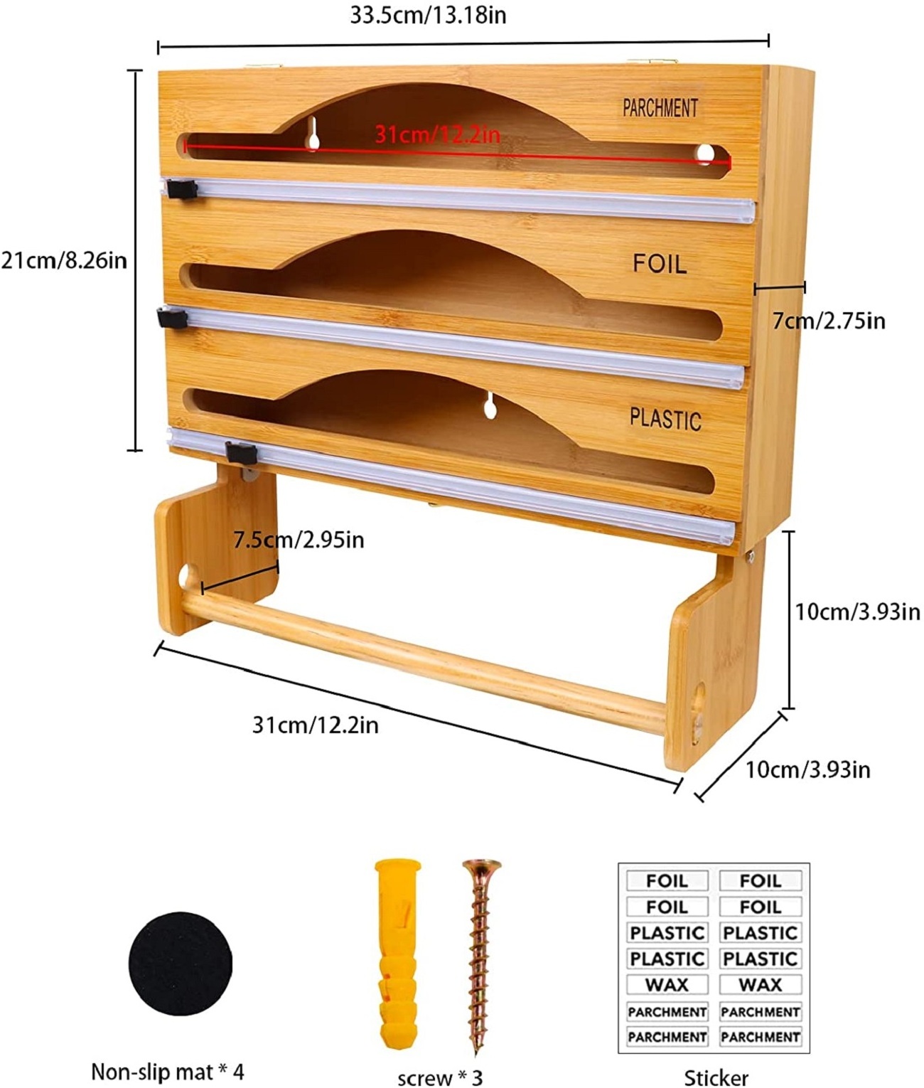 Bamboo  3 in Foil and Wax Paper Organizer  Cling Film  Dispenser With Cutter And  Roll for Kitchen Drawer