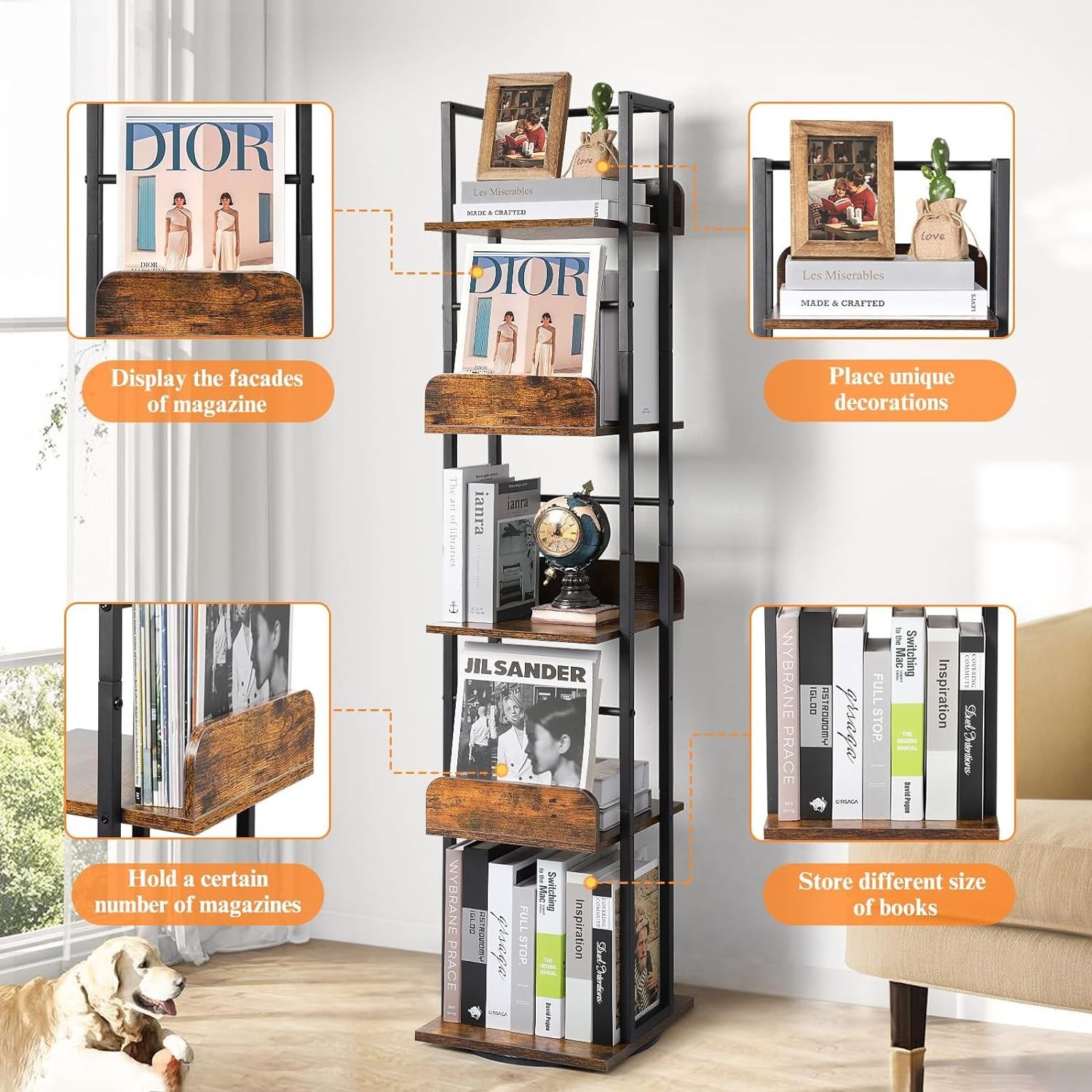 Factory Wholesale Rotating Metal Bookshelves Narrow Bookcase  5-Tier  Wood Swivel Bookshelf Tower for Corner