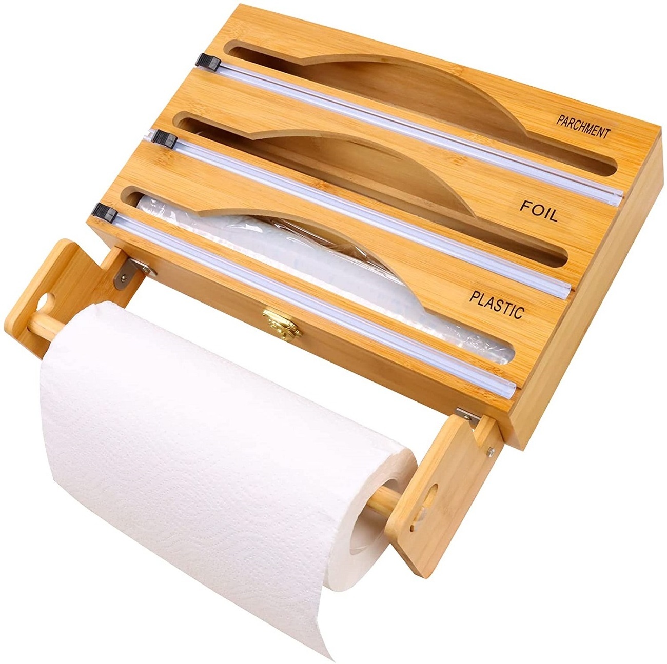 Bamboo  3 in Foil and Wax Paper Organizer  Cling Film  Dispenser With Cutter And  Roll for Kitchen Drawer