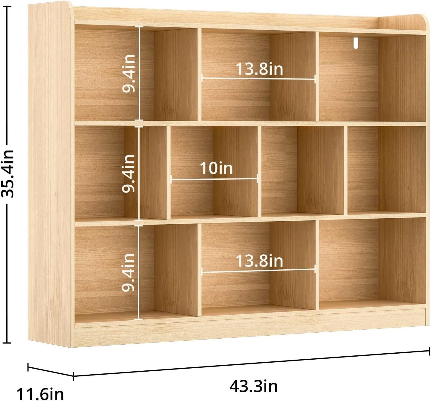 Legend 3 Tier Bookshelf Wide Modern Horizontal Bookcase Floor Standing 10 Cube Large Wood Book Shelf Organizer for Bedroom