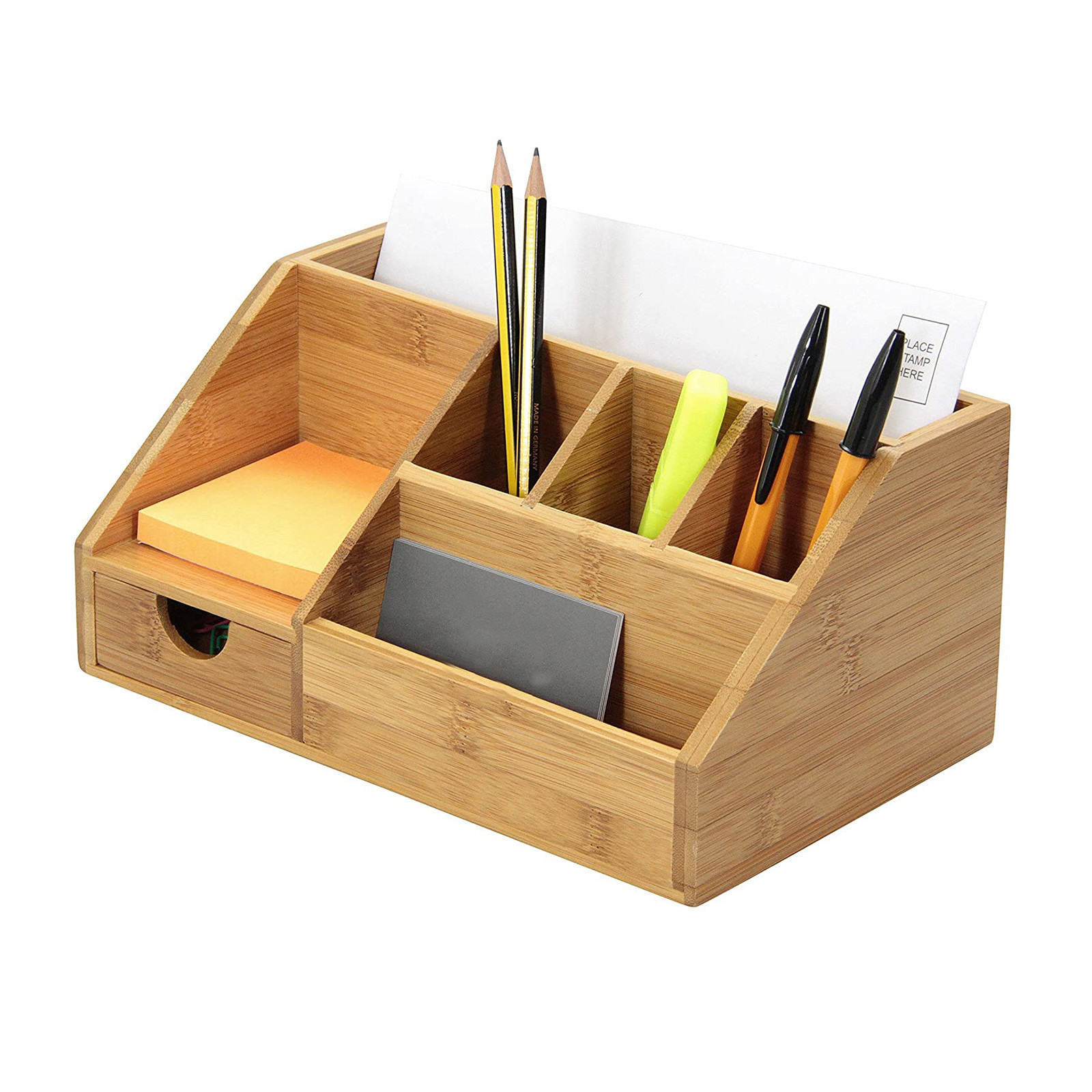 Multifunction Bamboo Desktop Stationery Organizer  Fully Assembled Wood Office Pen Holder Box With Drawer