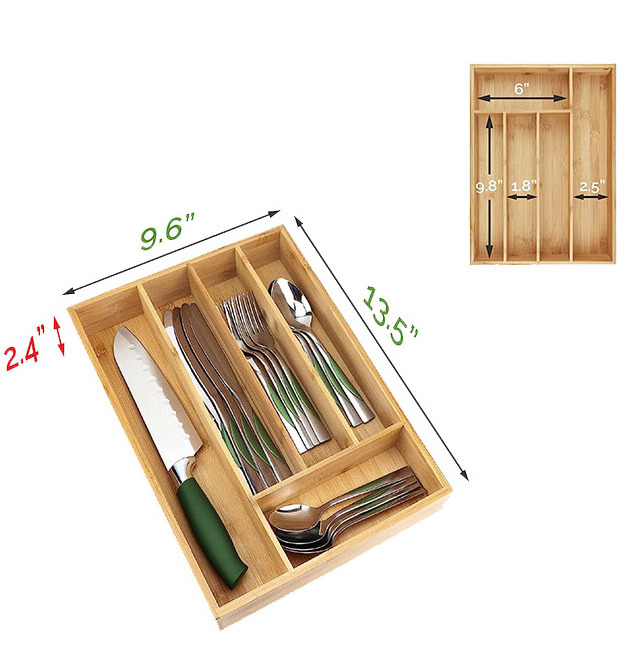 5 Slots Bamboo Silverware Utensil Organizer Kitchen Drawer Organizer Divider for Kitchen Drawers Small Extra Deep Wooden Natural