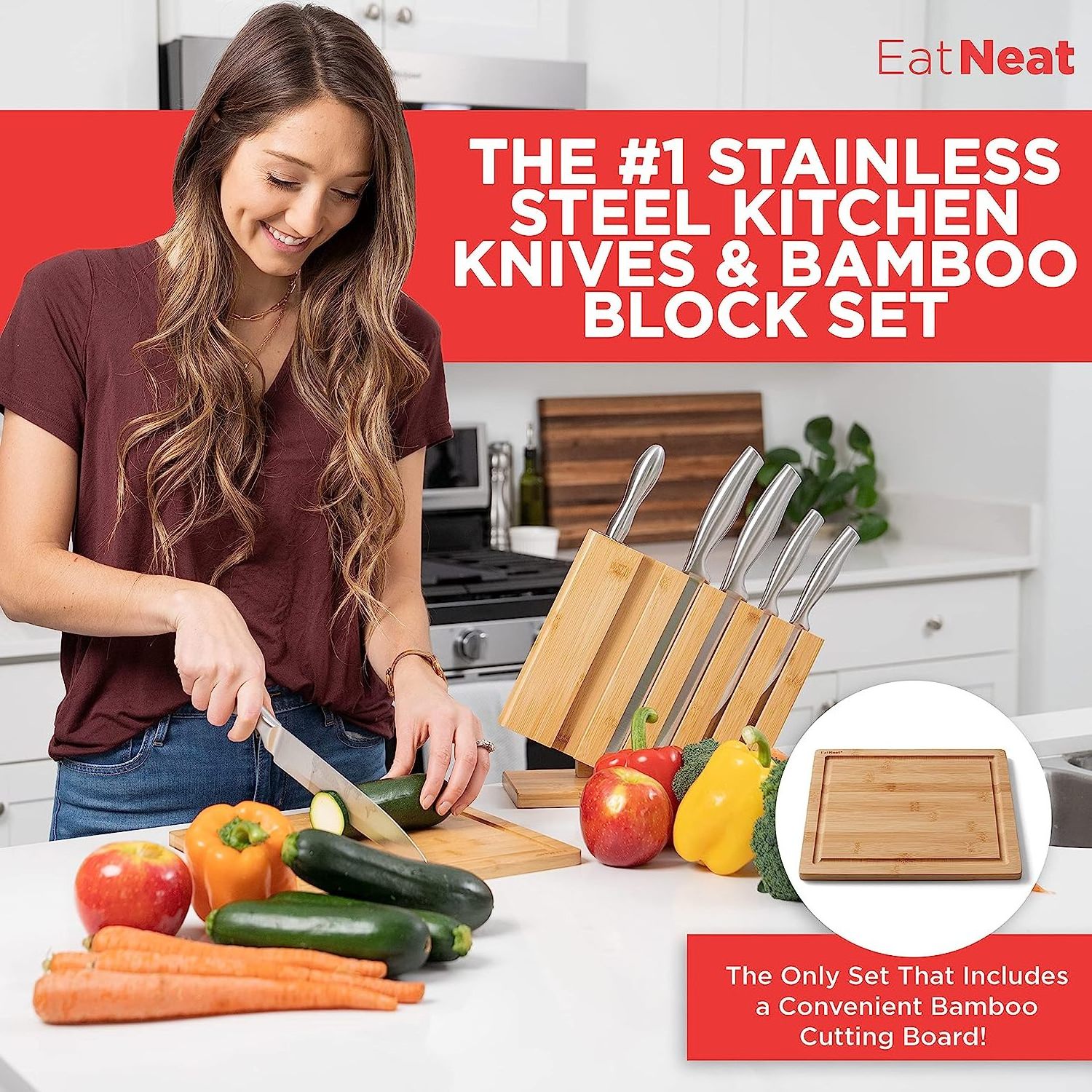 Wholesale Kitchen Essentials Bamboo Knife Block Cutting Board 8 Piece Stainless Steel Chef Knife Set for Kitchen With Block