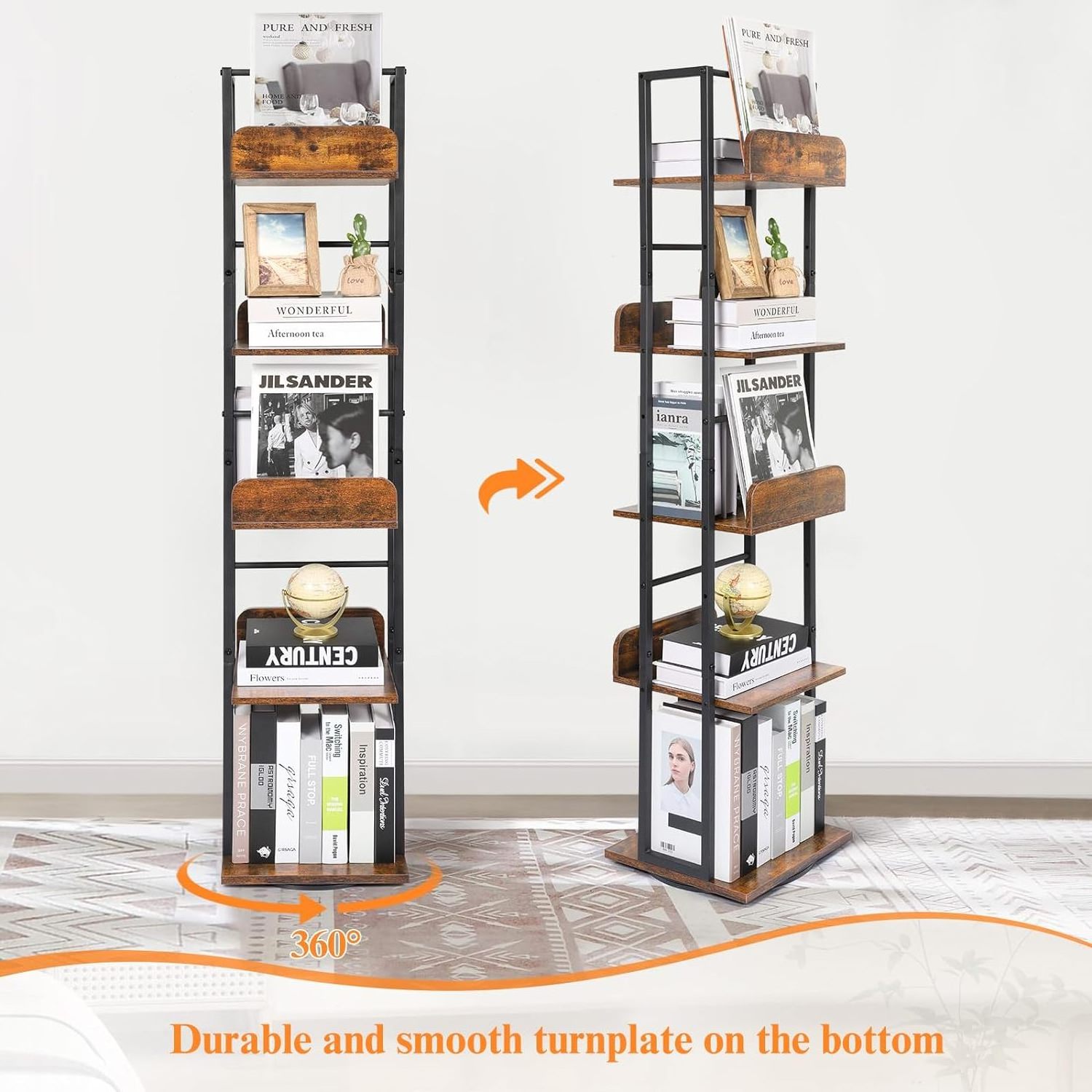 Factory Wholesale Rotating Metal Bookshelves Narrow Bookcase  5-Tier  Wood Swivel Bookshelf Tower for Corner