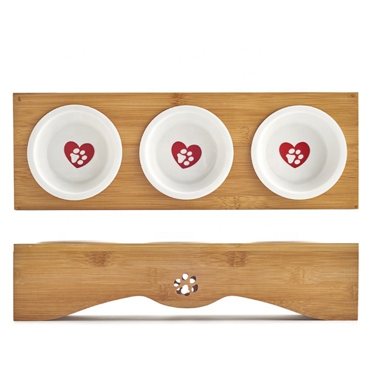 Wooden Stand Pet Bowls Raised Dog Bowls with Bamboo Stand for Cats and Puppy