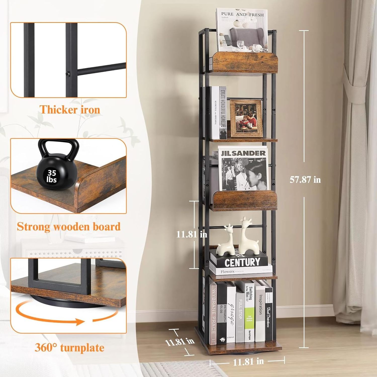 Factory Wholesale Rotating Metal Bookshelves Narrow Bookcase  5-Tier  Wood Swivel Bookshelf Tower for Corner