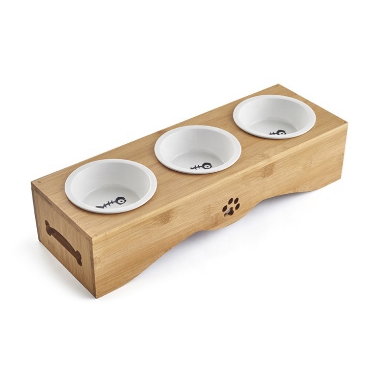 Wooden Stand Pet Bowls Raised Dog Bowls with Bamboo Stand for Cats and Puppy