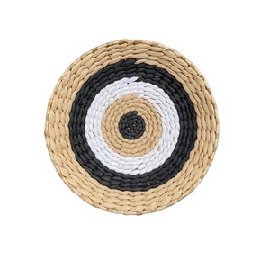 Handmade Retro round Wall Hanging for TV Background PU Straw and Rattan Bamboo Kitchen Wall Decoration