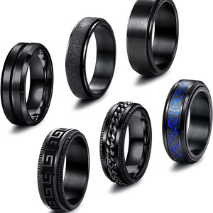 Wholesale Stainless Steel Fidget Rings Jewelry for Men Cool Chain Greek Pattern Beveled Edges Celtic Black Spinner Band Ring Set