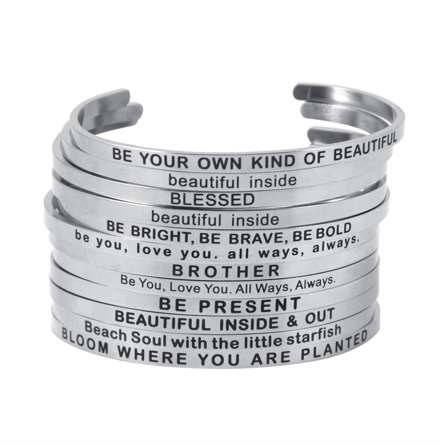 Personalized Inspirational Bracelets Wholesale Stainless Steel Jewelry Customized Name Message Quote Stack Cuff Bangle Bracelets