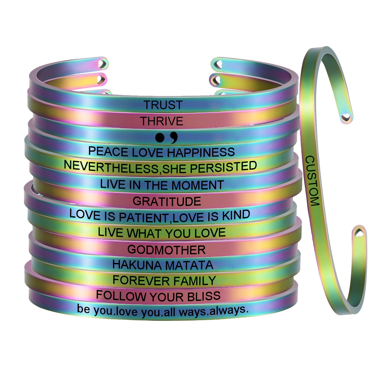 Personalized Inspirational Bracelets Wholesale Stainless Steel Jewelry Customized Name Message Quote Stack Cuff Bangle Bracelets