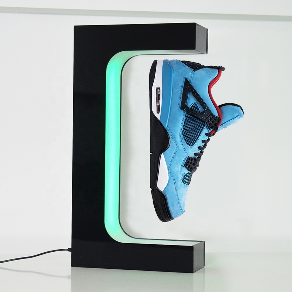 Magnetic levitating shoe display rack with multicolor lighting