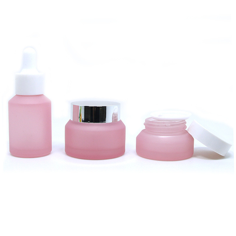 Customized 15g 30g 50g Face lotion Cream Frosted Glass Cosmetic Jars with plastic lids Slanted Pink Jar Glass