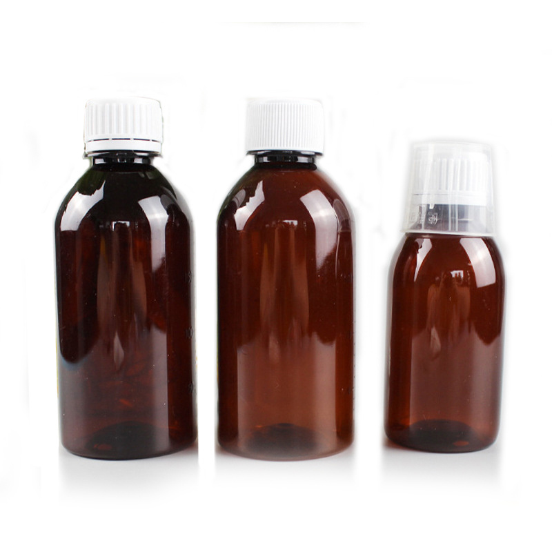 Wholesale Amber PET Plastic Medicine Liquid Bottle 250ml Empty Cough Syrup Bottles with Seal Available in 50ml 60ml 100ml