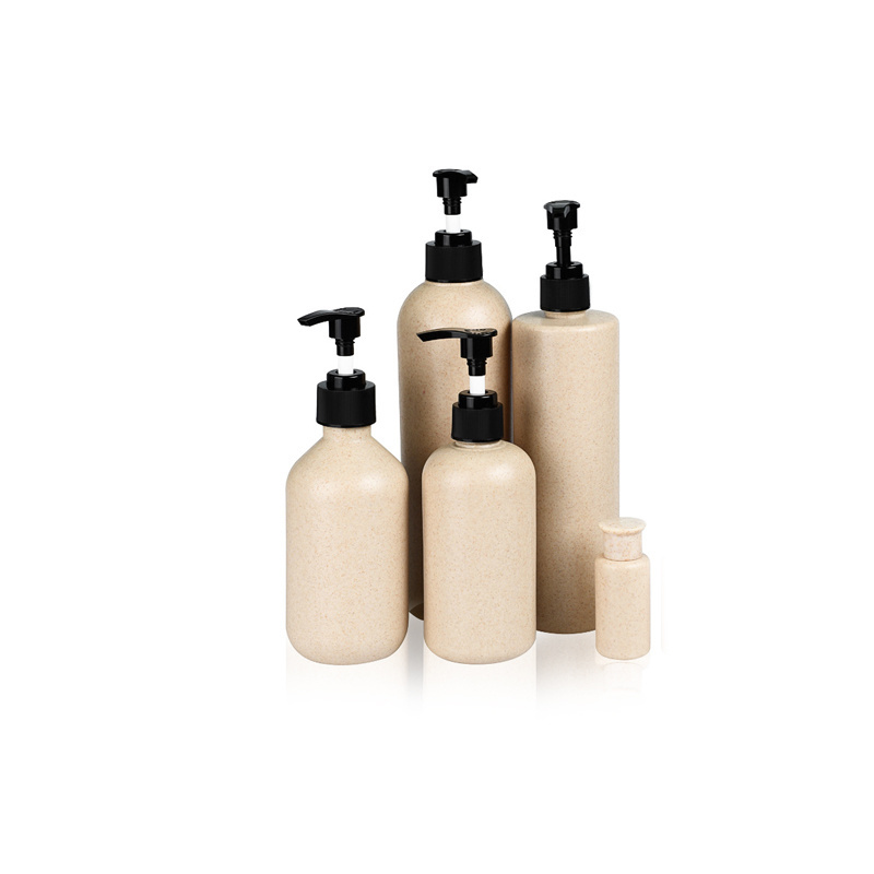 Biodegradable Cosmetic Container 100ml Wheat Straw PLA Round Shampoo Bottle Factory Supplier 100ml 250ml 300ml 500ml with Black