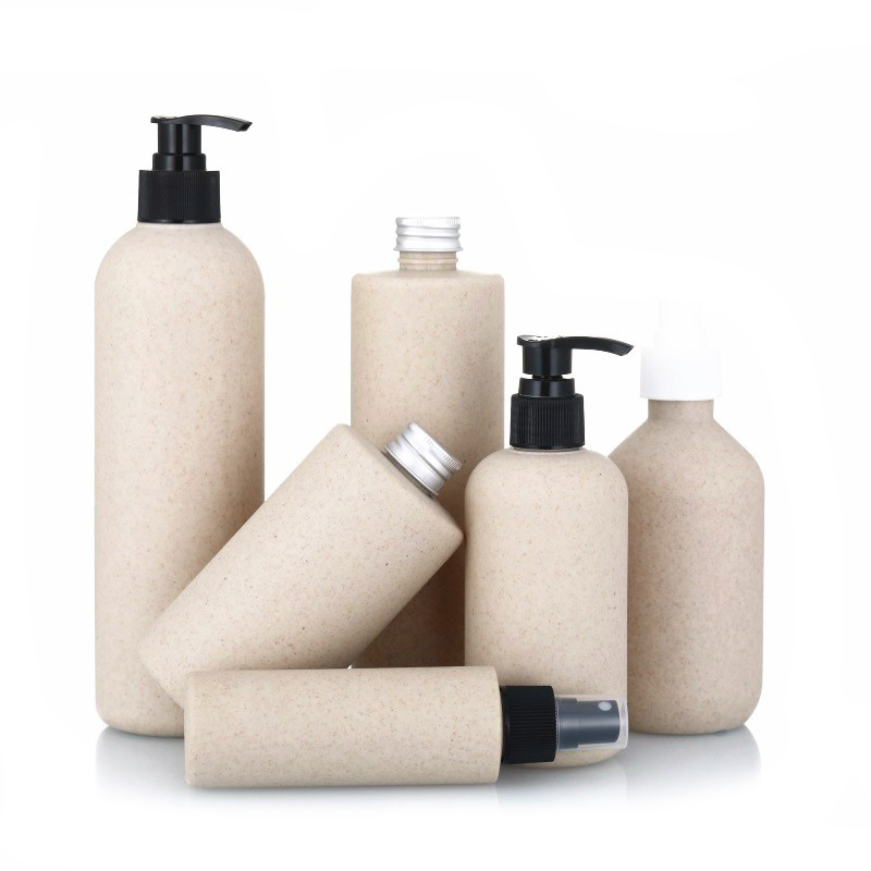 Biodegradable Cosmetic Container 100ml Wheat Straw PLA Round Shampoo Bottle Factory Supplier 100ml 250ml 300ml 500ml with Black