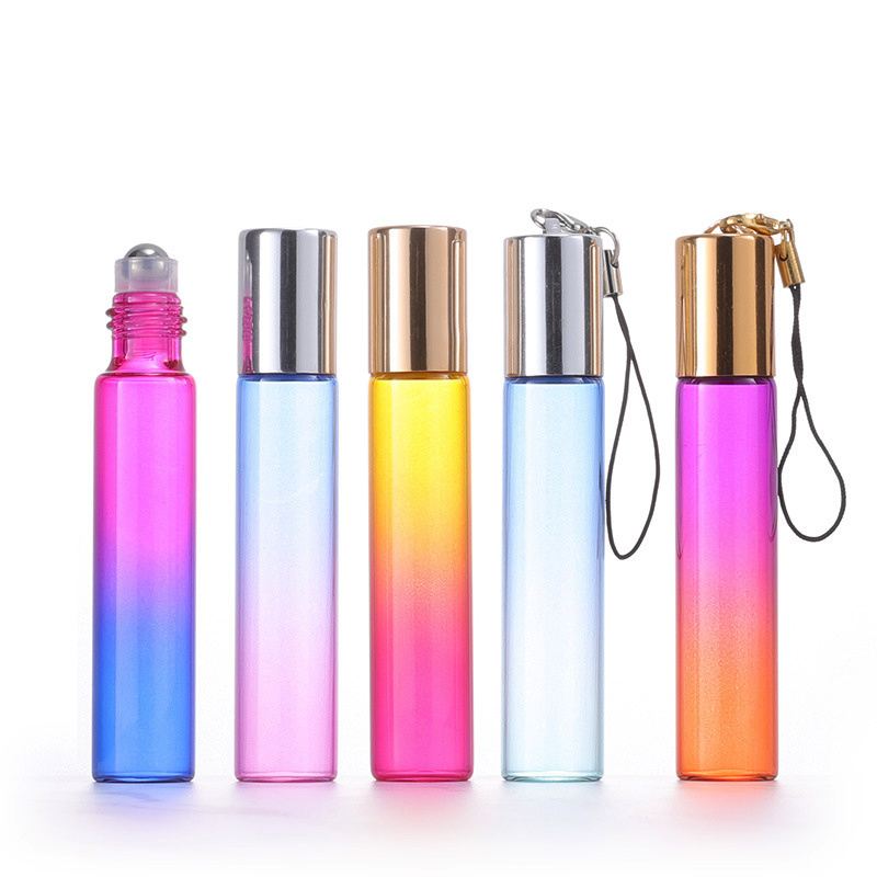 5ml 10ml Perfume Oil Roll On Glass Bottle With Roller Steel Ball Colorful Rainbow Slim Roll on Bottle and Cap with rope