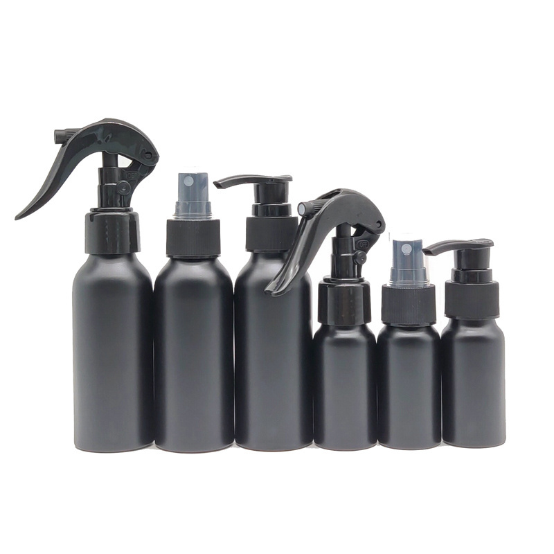 Empty atomizer spray perfume bottles plastic Spray Matte Black 30ml 100ml Aluminum Cosmetic Bottle with trigger mist Spray tops