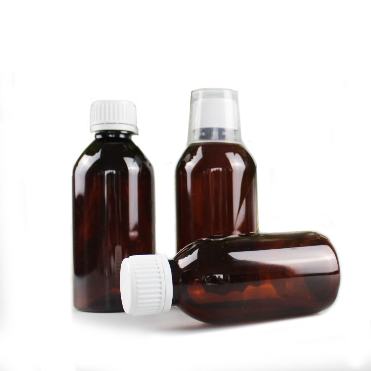 Wholesale Amber PET Plastic Medicine Liquid Bottle 250ml Empty Cough Syrup Bottles with Seal Available in 50ml 60ml 100ml