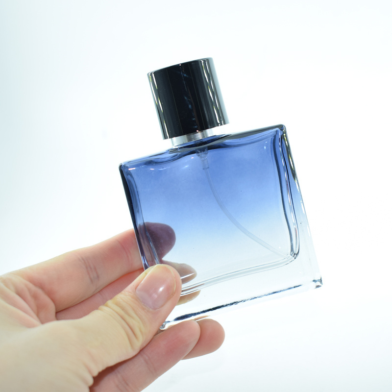 Low MOQ 30ml 50ml Dark Blue Glass Rectangle Screw Cap Men Cologne Perfume Spray Bottles