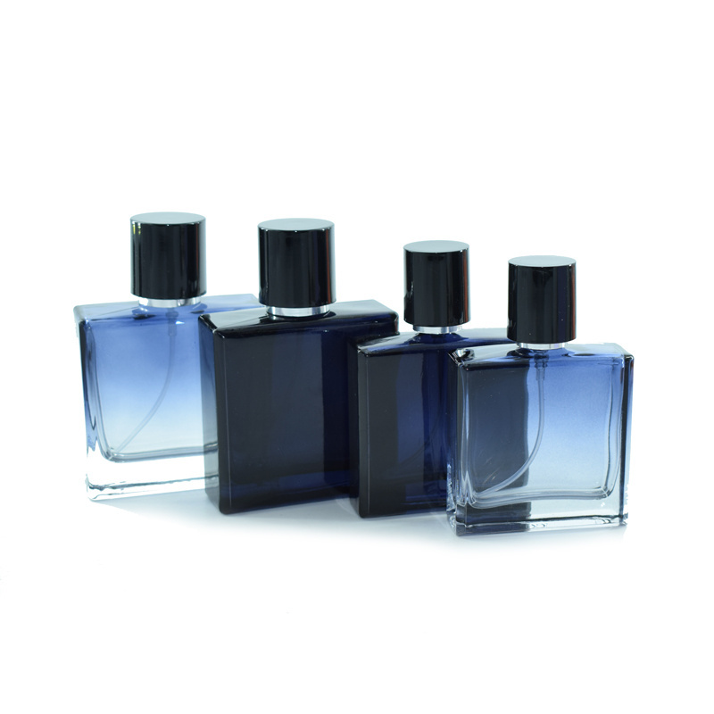 Low MOQ 30ml 50ml Dark Blue Glass Rectangle Screw Cap Men Cologne Perfume Spray Bottles