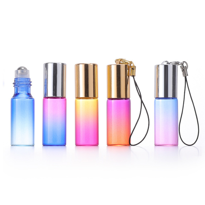 5ml 10ml Perfume Oil Roll On Glass Bottle With Roller Steel Ball Colorful Rainbow Slim Roll on Bottle and Cap with rope