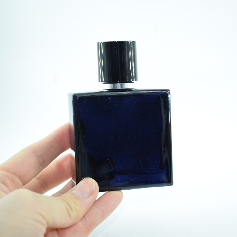 Low MOQ 30ml 50ml Dark Blue Glass Rectangle Screw Cap Men Cologne Perfume Spray Bottles