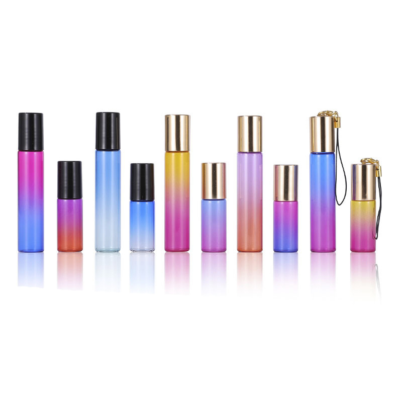 5ml 10ml Perfume Oil Roll On Glass Bottle With Roller Steel Ball Colorful Rainbow Slim Roll on Bottle and Cap with rope