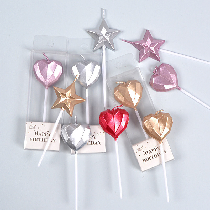 Happy Birthday Candle 3D Star Heart Shaped Gold Birthday Candles