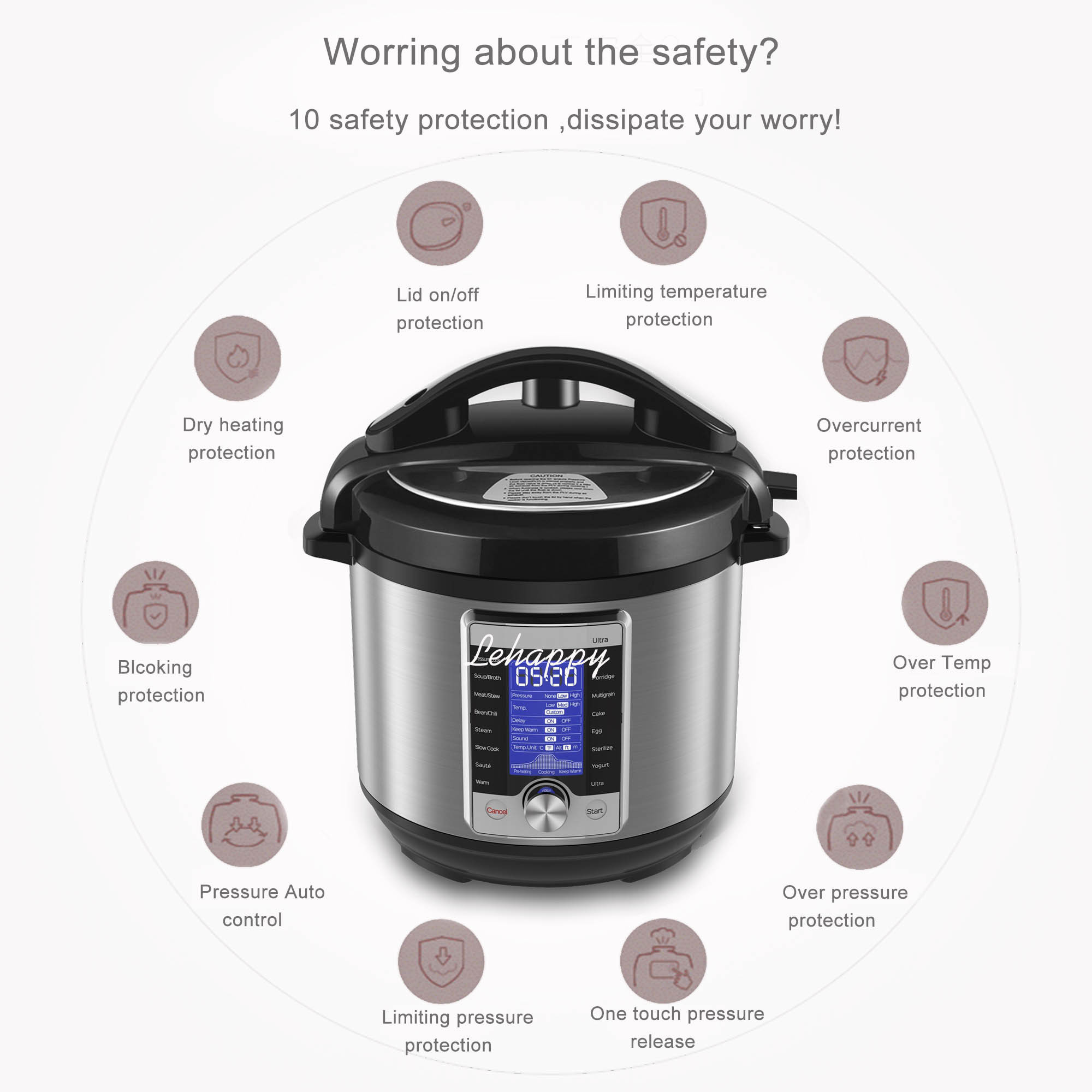 6L black touch cooker instant hot pot touch multi-function stainless steel electric Pressure cooker