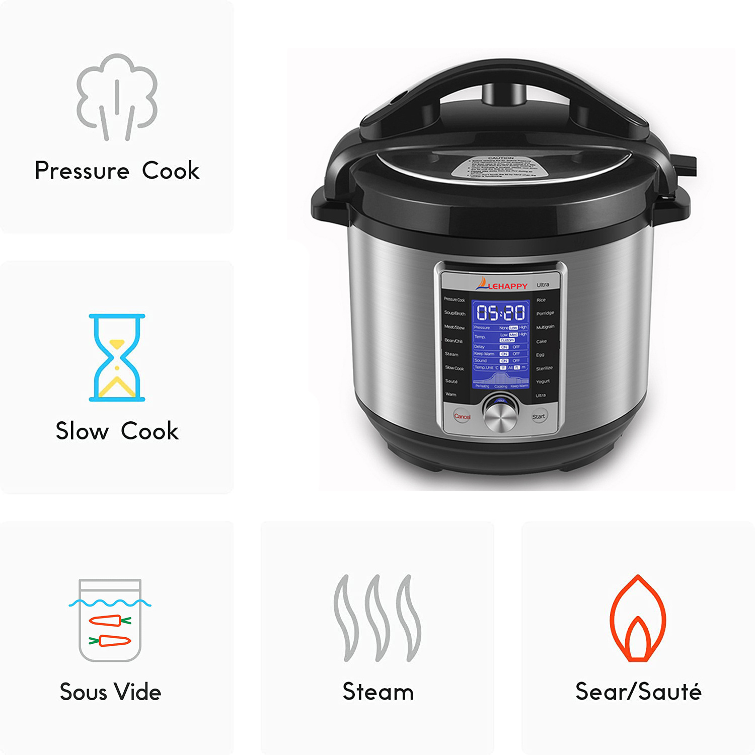 6L stainless steel lid rice cooker i800-1200W instant hot pot touch control stainless steel electric Pressure cooker