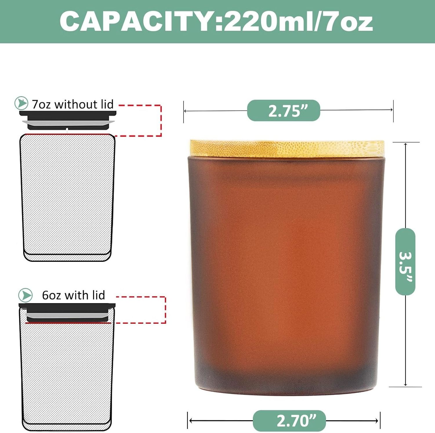 Round 6oz Frosted Amber Glass Candle Jars White Black 7oz 220ml Candle Holder with Bamboo Aluminium Lids