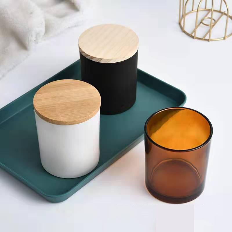 Round 6oz Frosted Amber Glass Candle Jars White Black 7oz 220ml Candle Holder with Bamboo Aluminium Lids