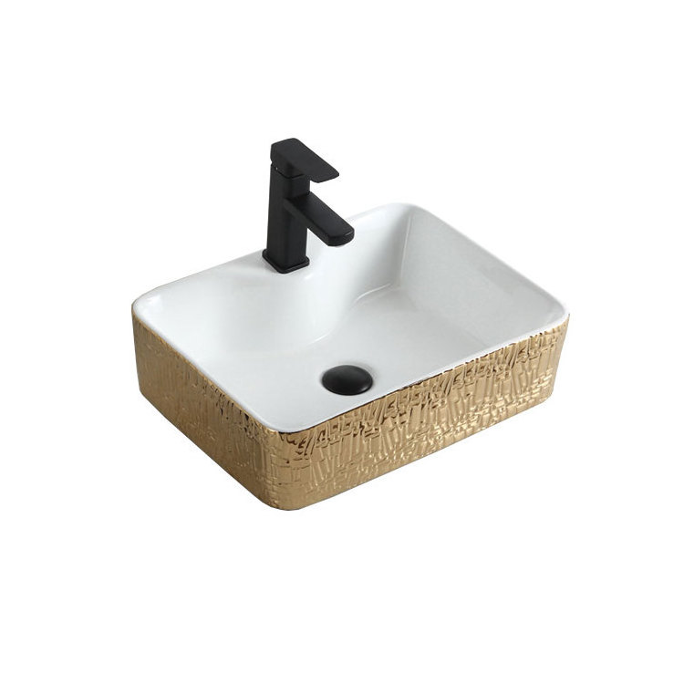 Face Basin Bathroom Sinks Gold Color Designers Washroom Ceramic Luxury Contemporary Embossed Villa Rectangular Sink 10 Sets