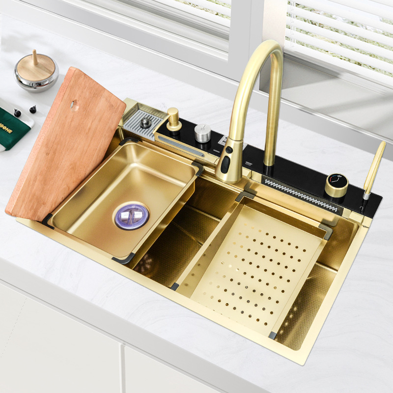 luxury gold color stainless steel smart kitchen farm sink gold stream multifunctional waterfall kitchen sink