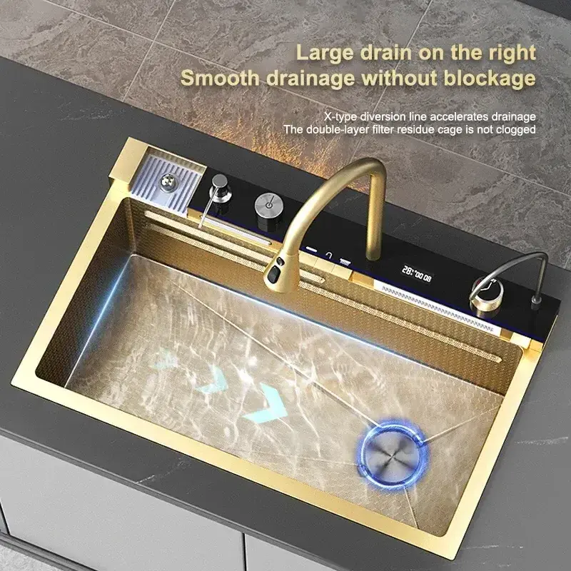 luxury gold color stainless steel smart kitchen farm sink gold stream multifunctional waterfall kitchen sink