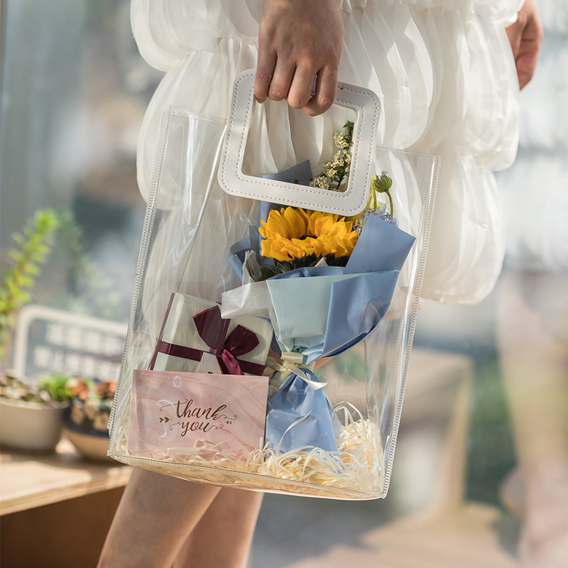 Clear Pvc Pe Flowers Print Small Transparent Gift Bag  with Different Handle Shape