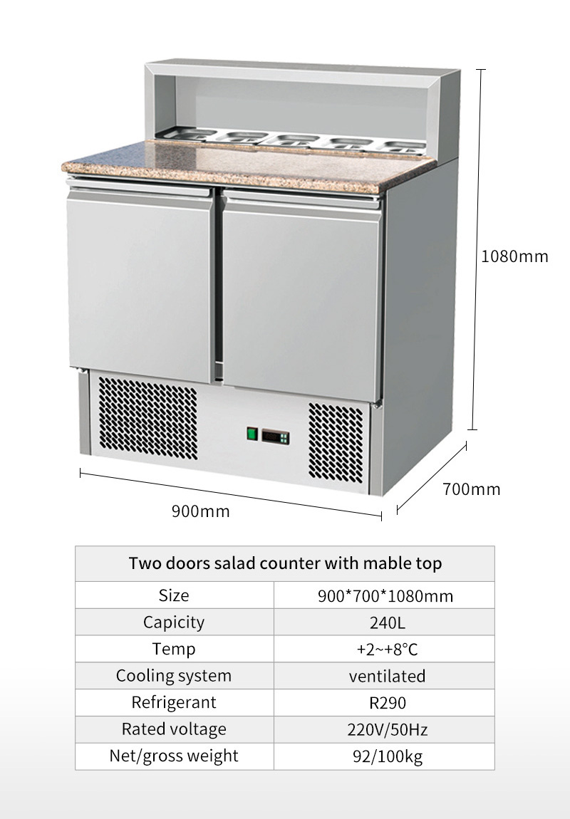 pizza prep table refrigerator with mable top 304steel 250L refrigerator double door display container salad bar cooler