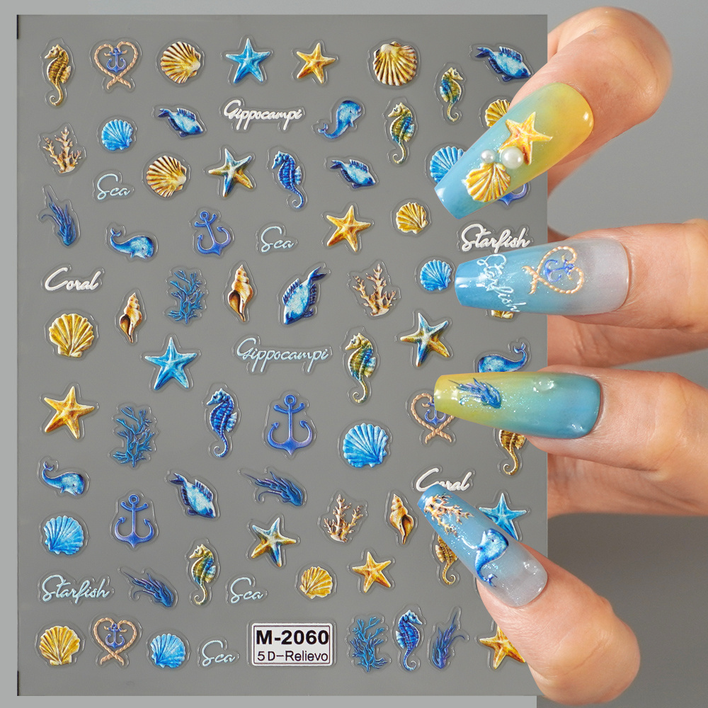 5D Embossed Decorative Ocean Theme Summer Nails Adhesive Sliders Art Nail Enhancement Logo Seashell Starfish Nail Gel Stickers