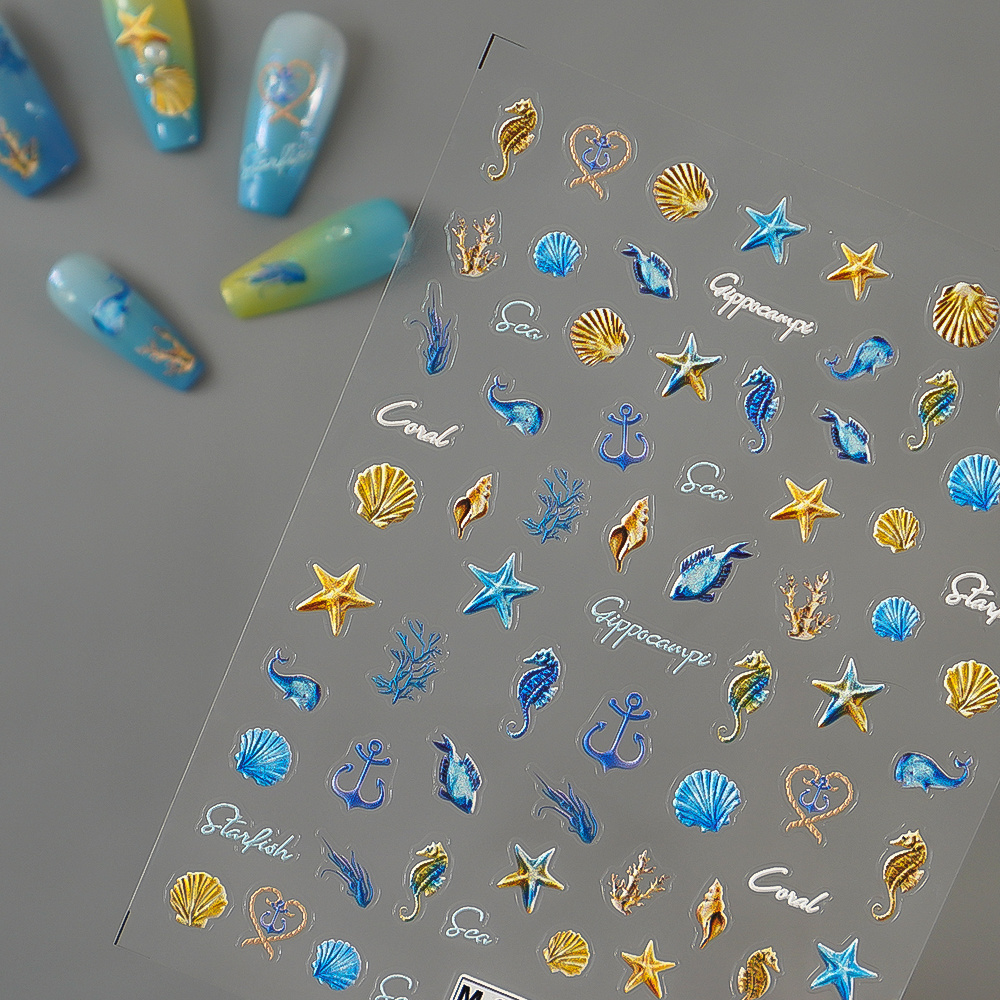 5D Embossed Decorative Ocean Theme Summer Nails Adhesive Sliders Art Nail Enhancement Logo Seashell Starfish Nail Gel Stickers