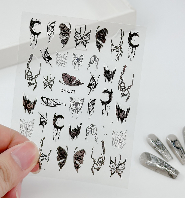 Custom Nail Decorations Art Silver Dark Black Butterfly Moon Halloween 3D Flatness Nail Art Stickers Decals For Nail Art