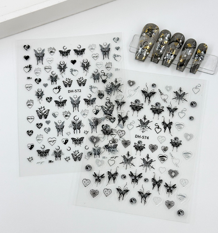 Custom Nail Decorations Art Silver Dark Black Butterfly Moon Halloween 3D Flatness Nail Art Stickers Decals For Nail Art