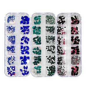 Factory Wholesale 12 Grid Mix Size Clear AB Rhinestone Set Nail Stones Flat Back Nail Glass Rhinestones