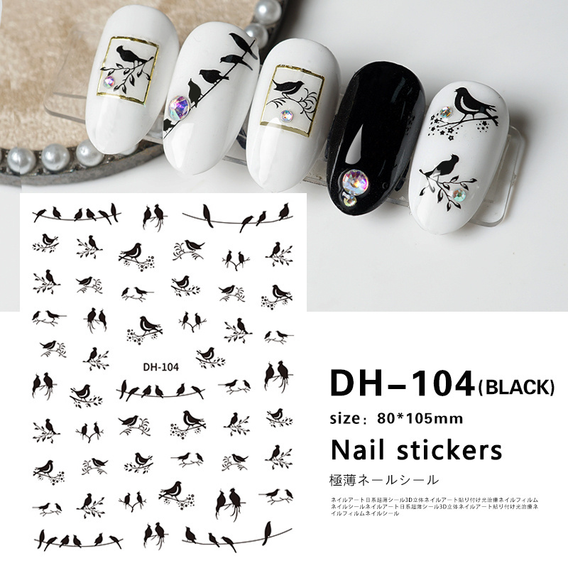 Factory Custom Golden and Black Heart and Bird 2D Flatness  Nail Art Stickers Decals For Nail Tips Decoration