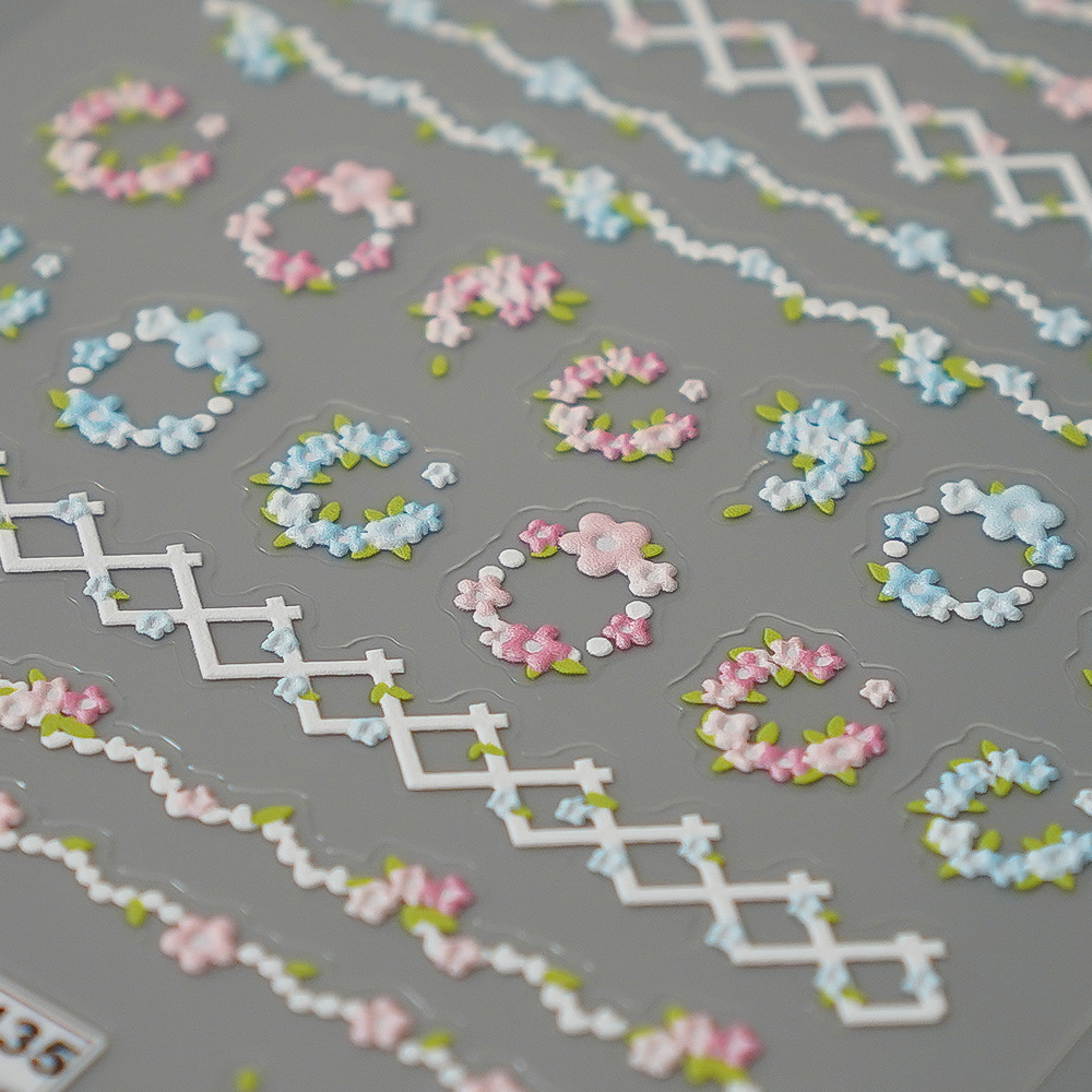 Korean Pink Blue Wreath Mini Flower Rose Dot Jelly 5D Relief Self Adhesive Nail Art Decoration Sticker Manicure Decal