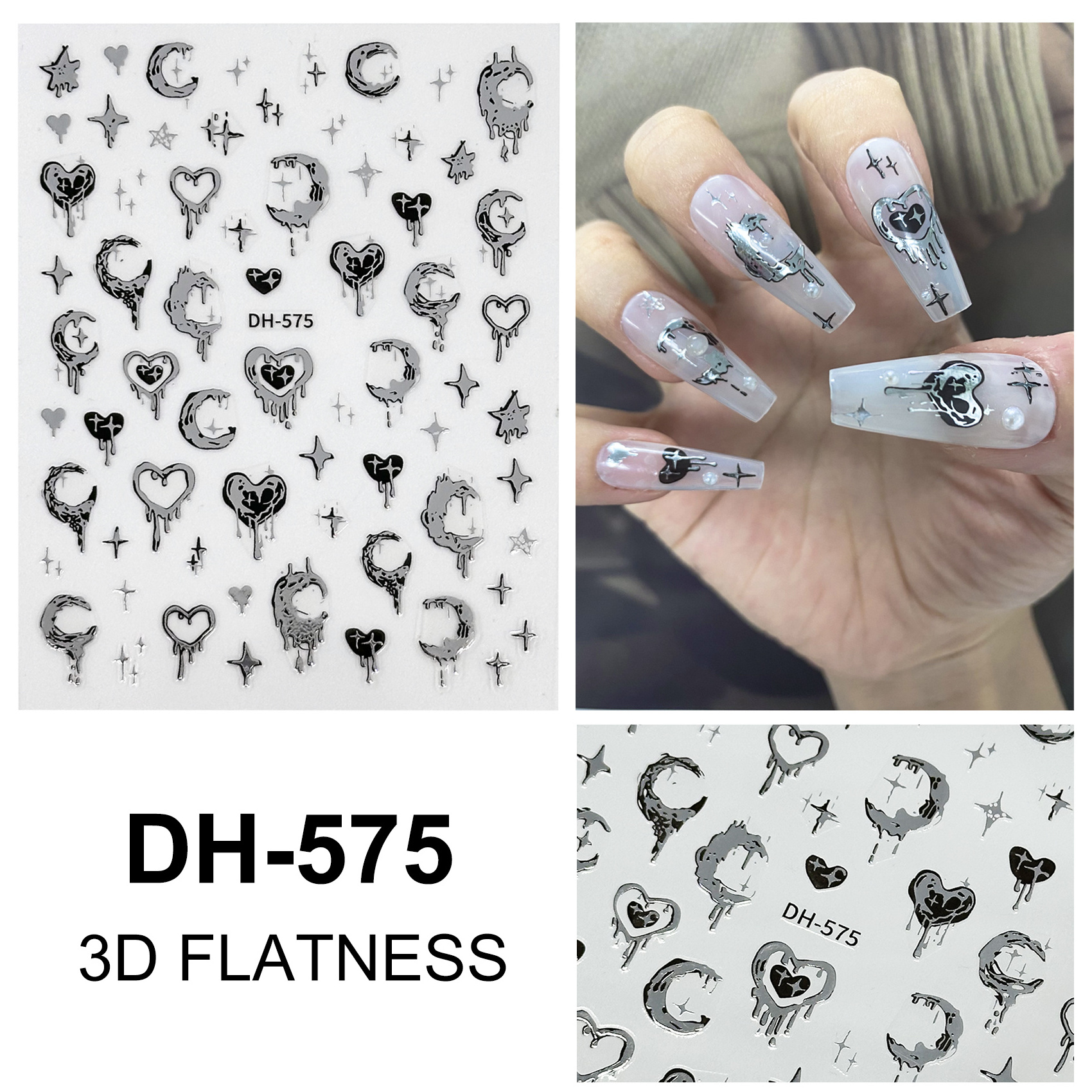 Custom Nail Decorations Art Silver Dark Black Butterfly Moon Halloween 3D Flatness Nail Art Stickers Decals For Nail Art