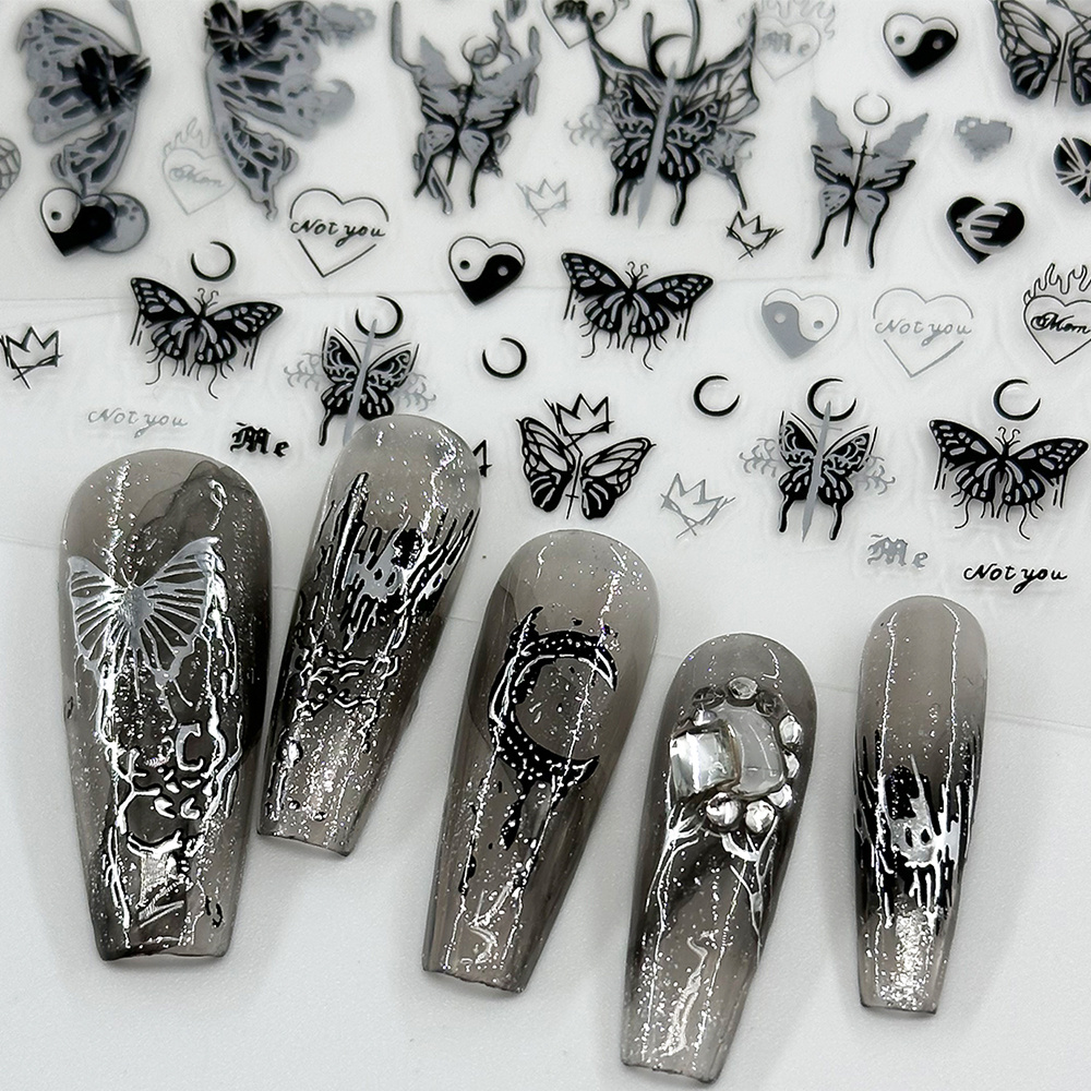 Custom Nail Decorations Art Silver Dark Black Butterfly Moon Halloween 3D Flatness Nail Art Stickers Decals For Nail Art